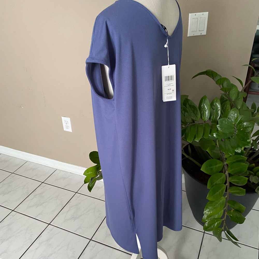 NEW Eileen Fisher Medium Dress V-Back Cap Sleeve Viscose Jersey Knit Blue